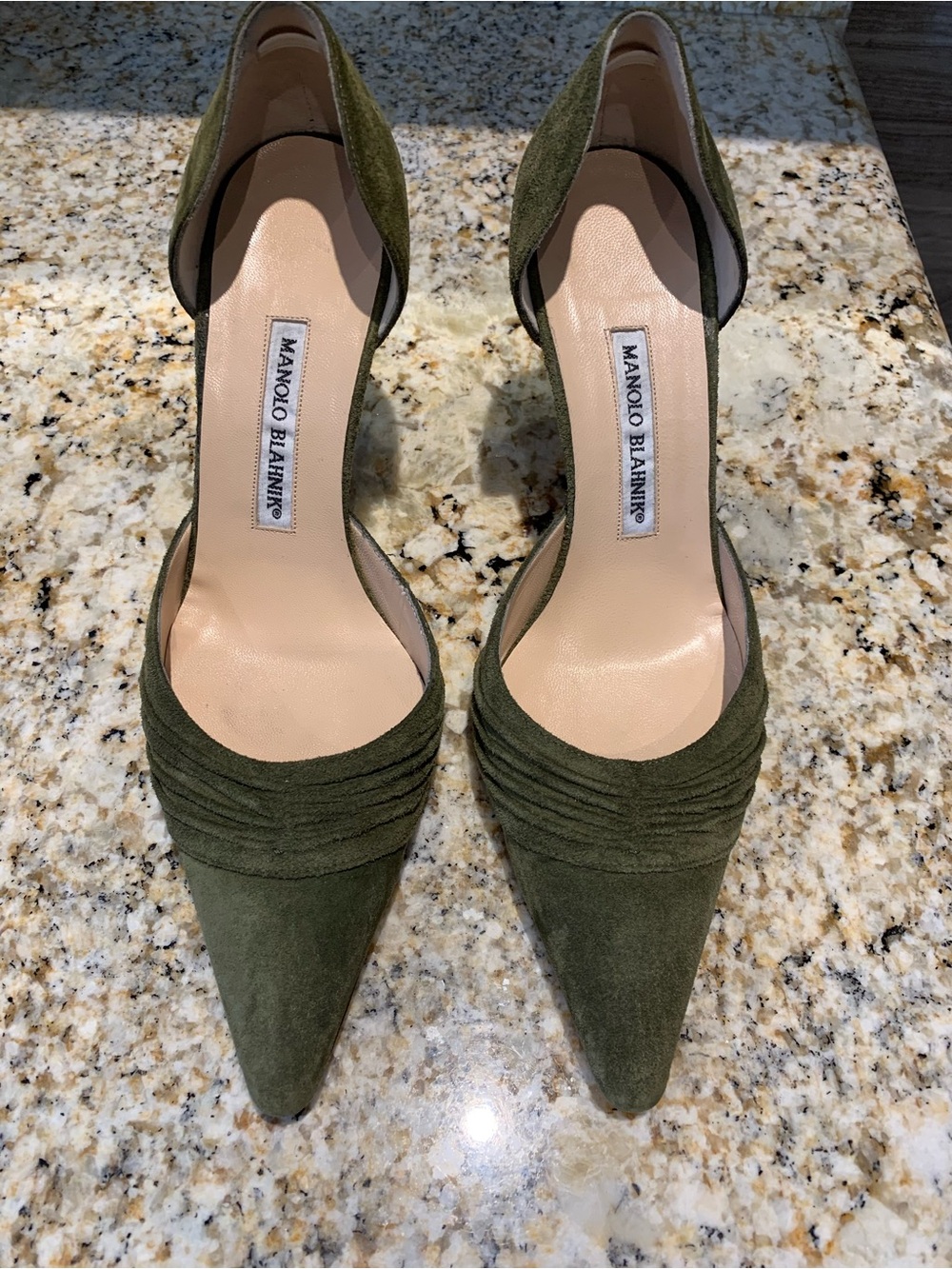 Manolo Blahnik Olive Suede Pointed D'Orsay Pumps